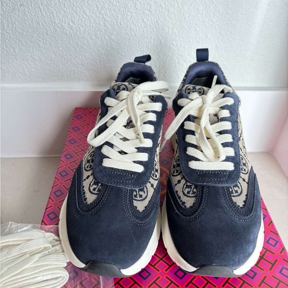 Tory Burch Navy and Cream Logo Panel Sneakers Good luck Trainers